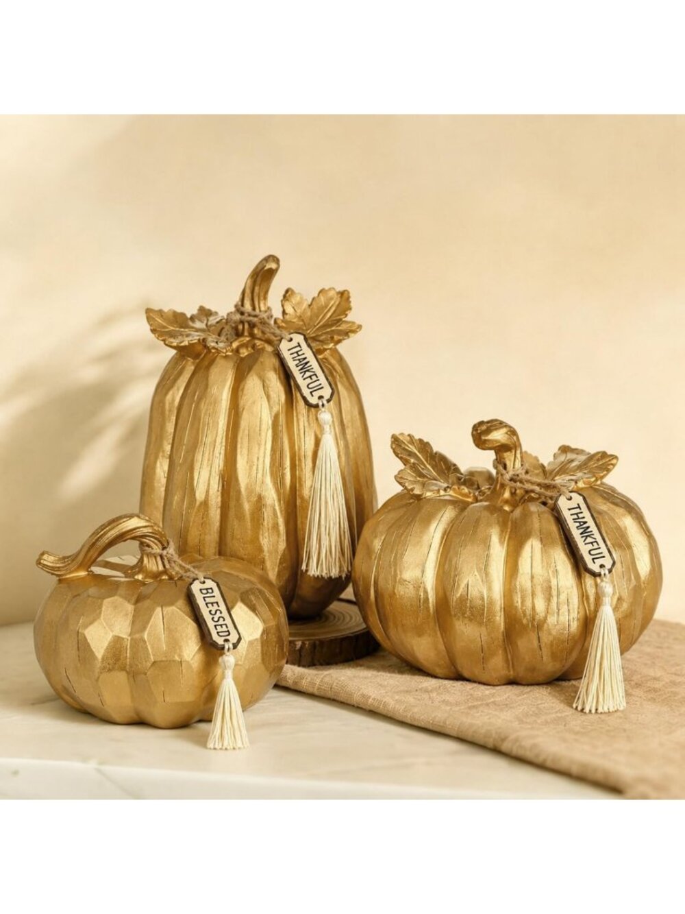 Set of 3 Gold Faux Resin Pumpkins - Fall Decor, Dining Centerpiece, Autumn